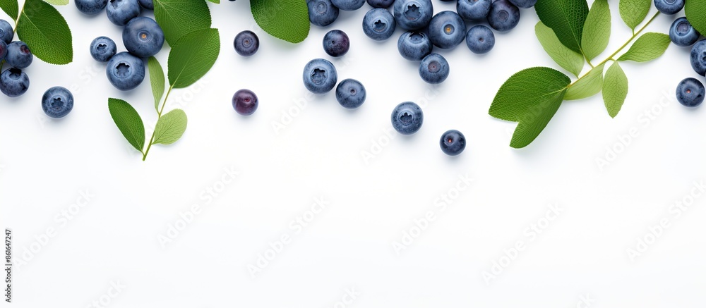 Poster top view of blueberries and leaves isolated on a white background with space for copying an image.