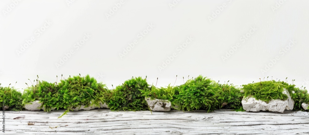 Poster icelandic stabilized moss in white concrete on wood and white background. with copy space image. pla