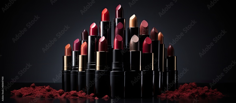 Poster beautiful lipsticks arranged artistically against a dark backdrop with copy space image.