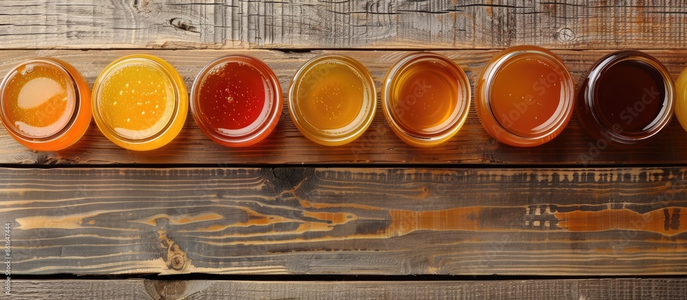 Leinwandbilder Top view of jars displaying various types of honey on a wooden surface, creating a mockup design with copy space image.