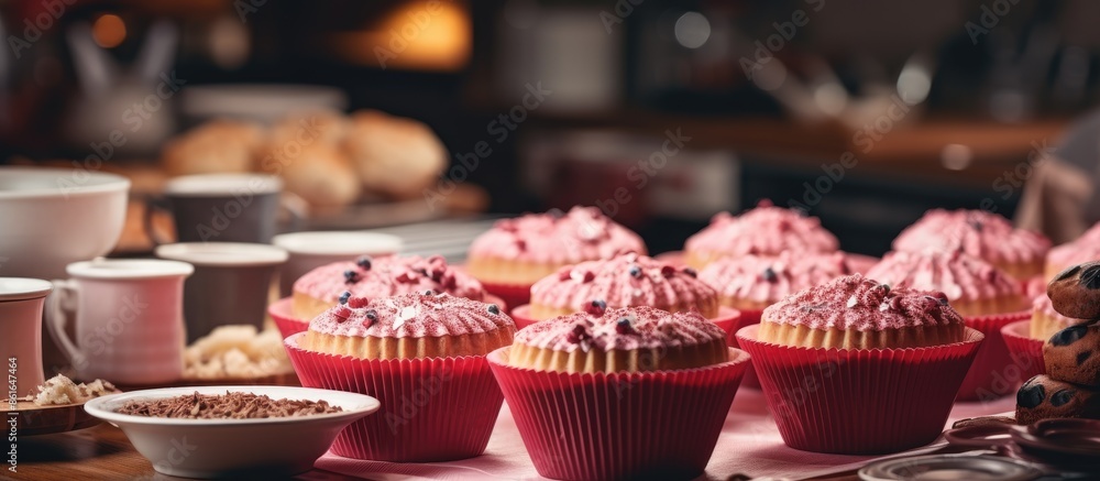 Poster cakes baking in homemade style in paper molds on a kitchen table with copy space image.