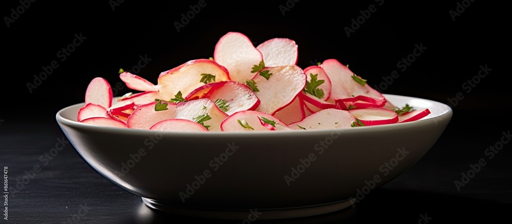 Poster close-up low angle view of radish chips slices in a white bowl on a black background with copy space