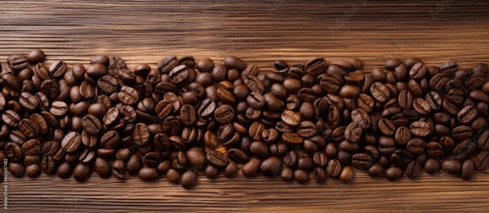 Leinwandbilder Top-down view of coffee beans on a wood surface with space for text. with copy space image. Place for adding text or design