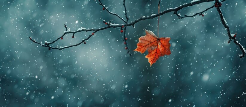As winter arrives, the final leaf remains on the tree in the copy space image.