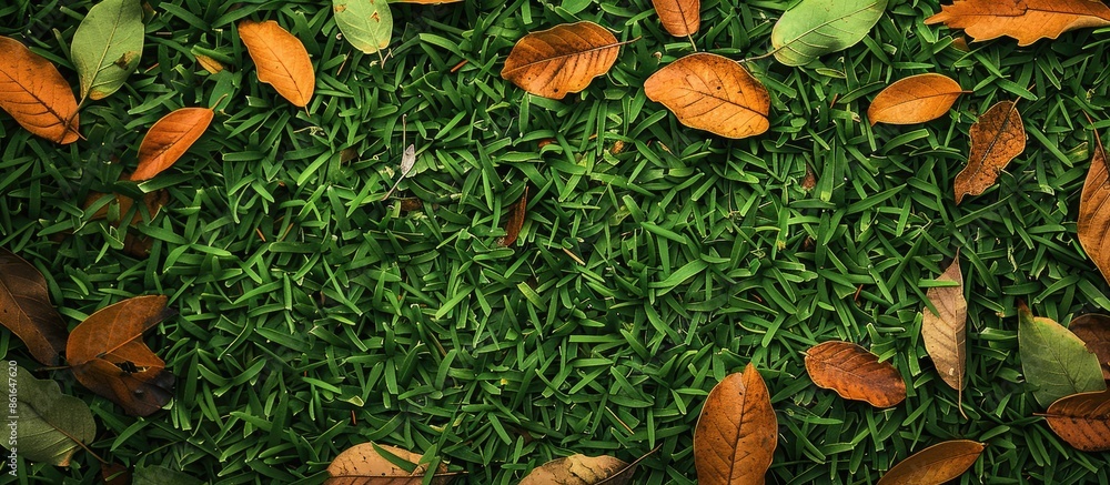 Poster autumn leaves have fallen on fresh green grass in a top-view picture with available copy space image