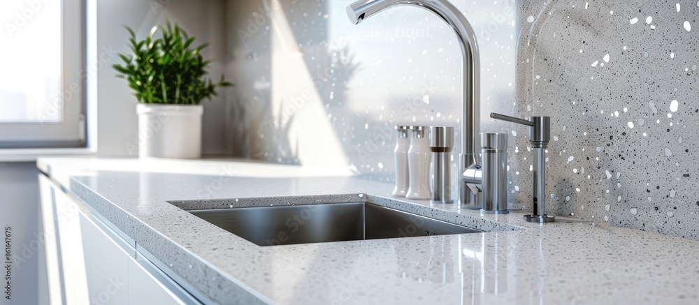 Poster modern white kitchen countertop with white granite. custom counter with stainless steel sink and fau