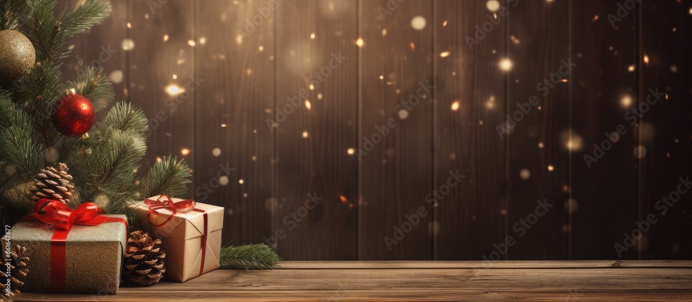 Aufkleber Christmas-themed items such as festive gift boxes and a branch of a fir tree displayed on a rustic wooden table, creating a festive holiday background with a designated area for adding text or