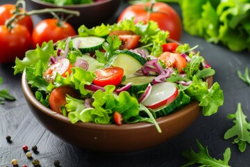 Healthy vegan salad in a bowl on table