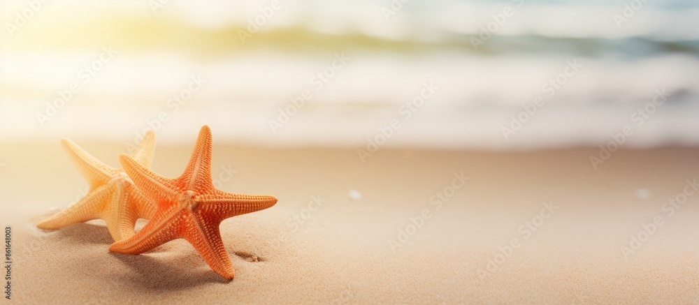 Poster two starfish on a sandy beach background with copy space image.