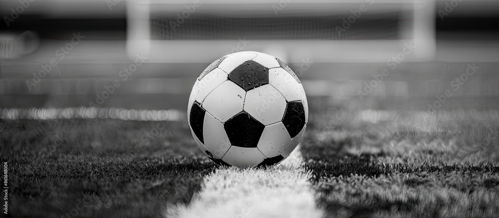 Leinwandbilder classic soccer ball with a typical black and white pattern placed on the stadium turf, creating a ca