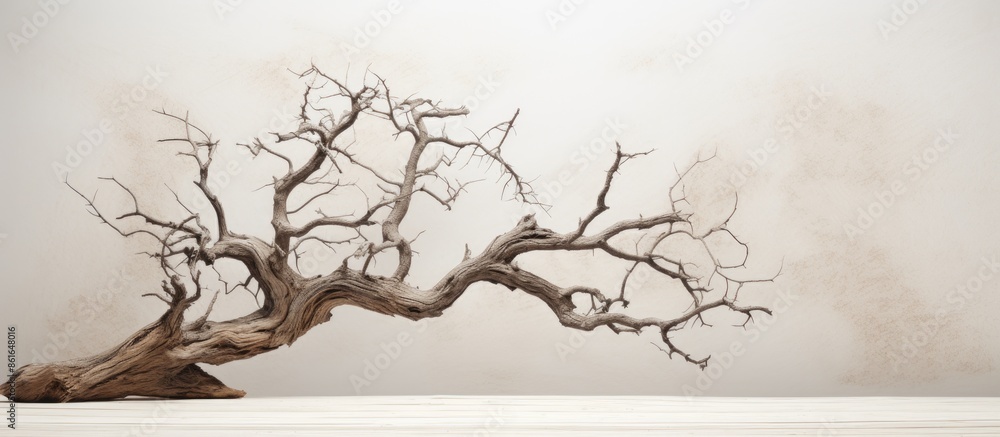 Poster an aged tree showcasing its unique wood texture against a blank backdrop, perfect as a copy space im