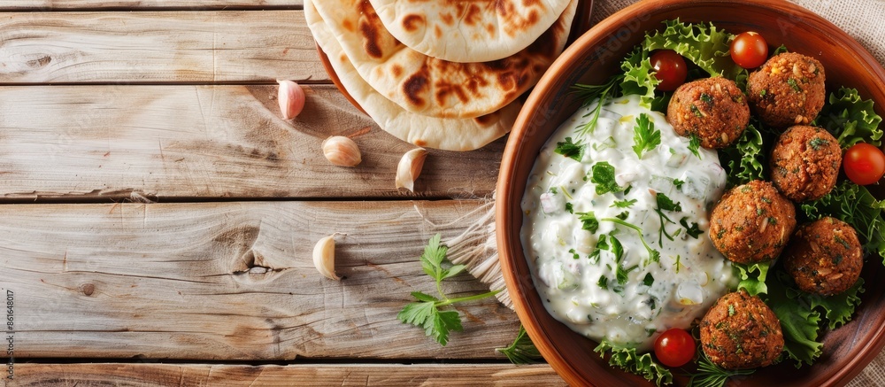 Aufkleber Plate of falafel with pita bread and tzatziki sauce on wooden table. View from above. Copy space image. Place for adding text or design