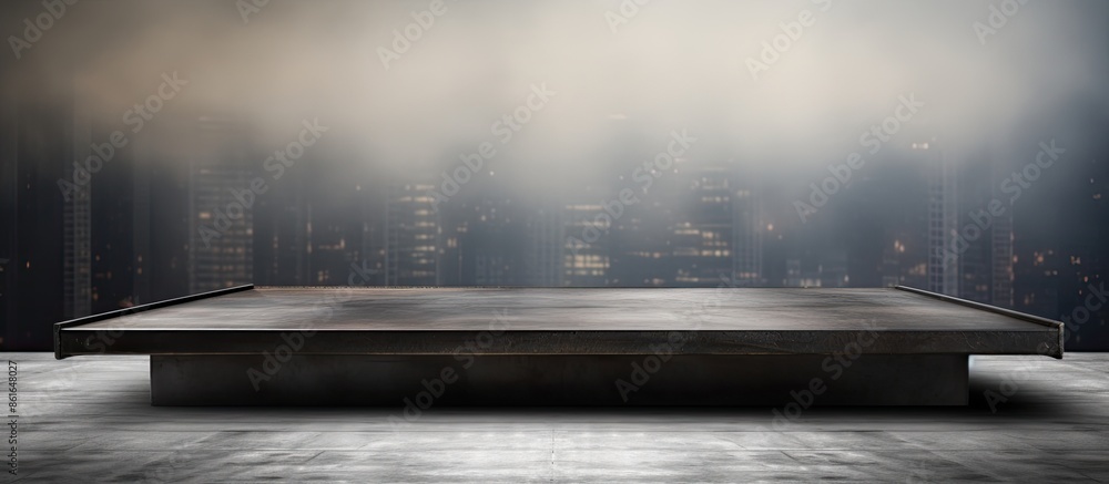 Poster steel platform creates an empty desk with a blurred background ideal for showcasing products in a co