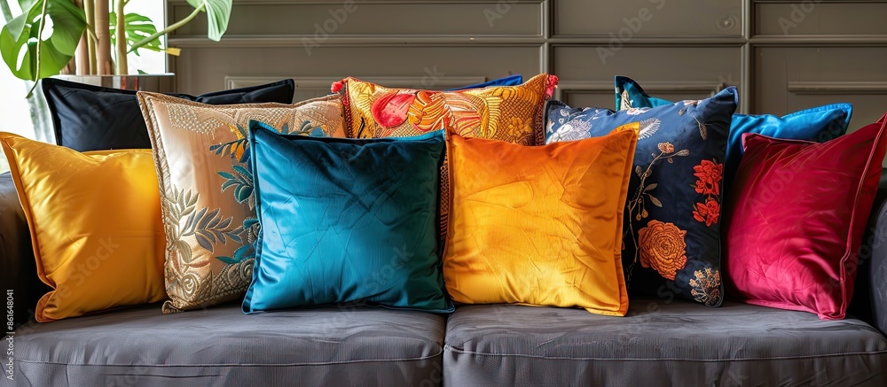 Aufkleber Another color pillows on a sofa. with copy space image. Place for adding text or design