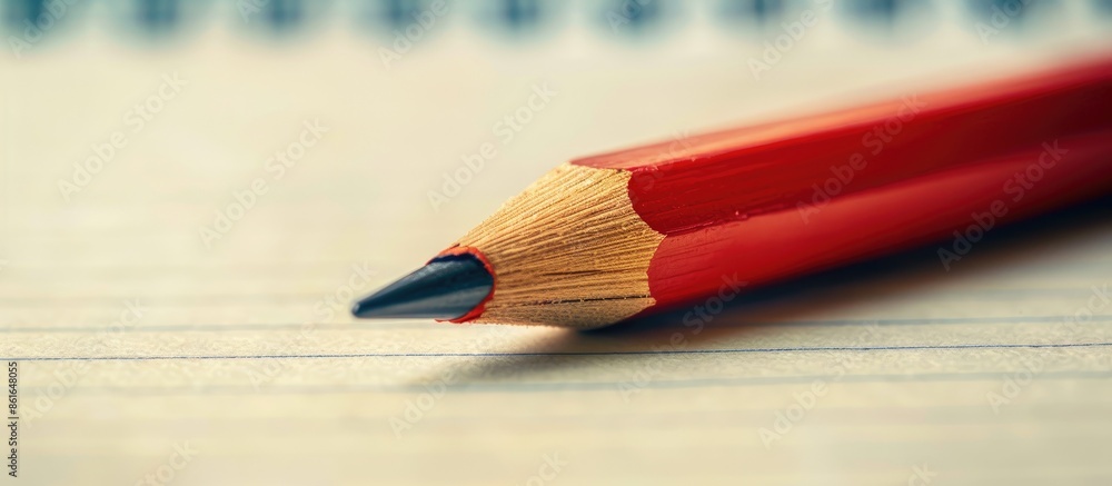 Poster Backdrop for school-themed setting with copy space image. Wooden pencil and red pen on a blank notebook sheet in close-up view. Ideal for school and higher education concepts.