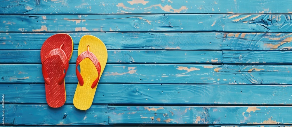 Poster red and yellow flip flops displayed on a blue wooden backdrop, isolated on a white background with s