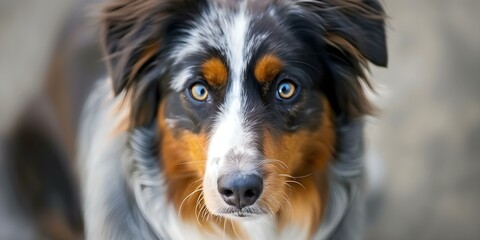 Fototapeta premium Closeup portrait of a Purebred Australian Shepherd Dog. Concept Animal Photography, Dog Portraits, Australian Shepherd, Closeup Shots, Pet Portraits