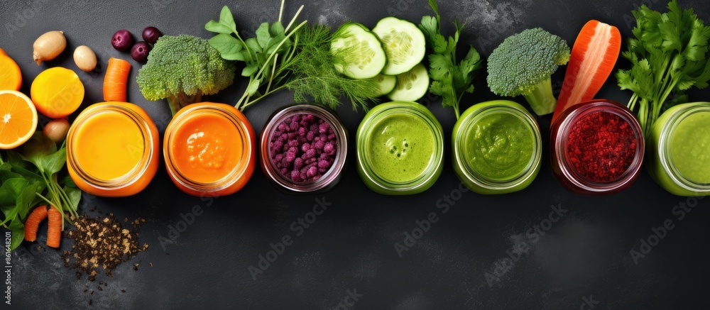 Poster Top view image of various juices in mason jars, surrounded by fresh ingredients on a grey background with a designated area for text or other content. with copy space image