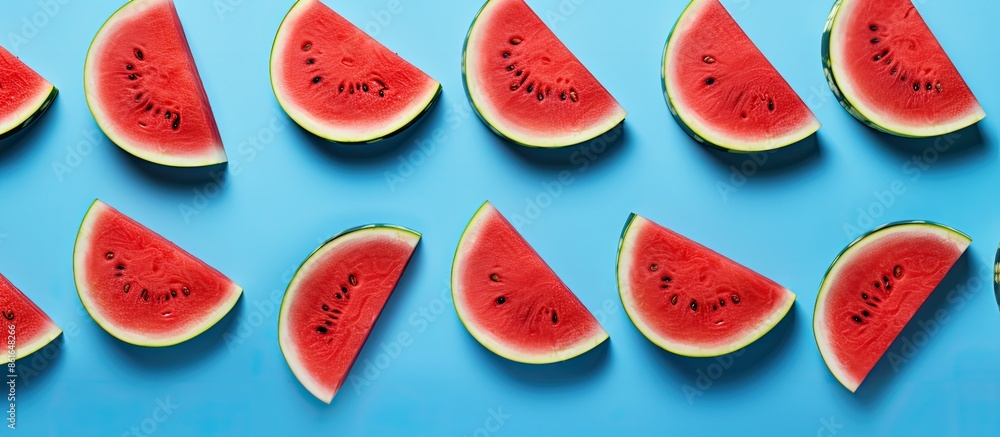 Poster Red watermelon slices on a blue backdrop, embodying a summer theme in a flat lay composition with a top view perspective and room for text or images. with copy space image