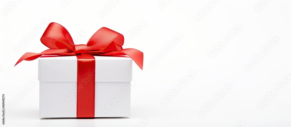 Poster white gift box with a red ribbon on a white background, with copy space for an image.