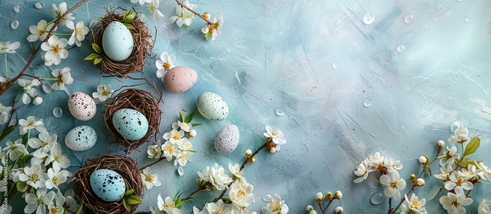 Poster a top-down view of a spring easter holiday scene with eggs in nests and spring flowers, perfect for 