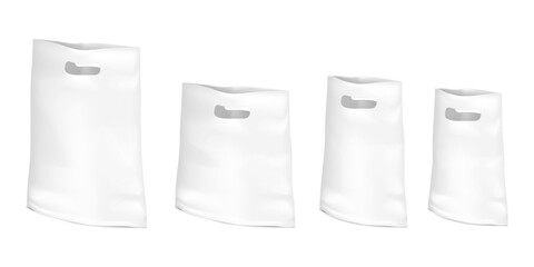 White poly bag with cut out handles isolated on white background. Realistic vector mockup set. Die-cut handle polybag template. Blank plastic package mock-up