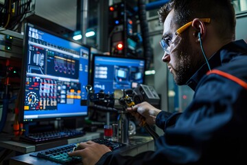 A Focused Engineer Operating a Complex Machine