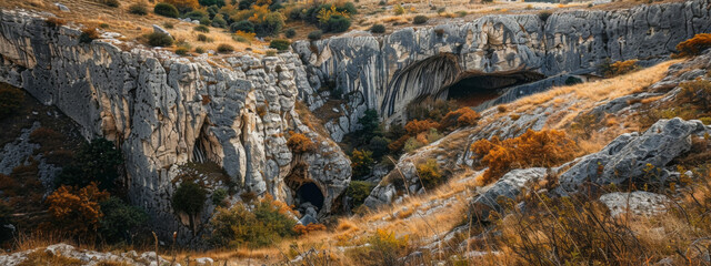 A rugged karst landscape, with limestone cliffs pockmarked by sinkholes and disappearing streams, creating a unique and otherworldly terrain