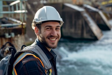 Fototapeta premium Portrait of a young smiling male engineer at Hydroelectric Dam