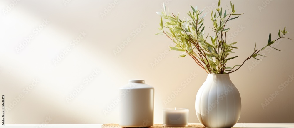 Poster in a bright room, there is a table displaying a vase with eucalyptus, a reed diffuser, and aroma can