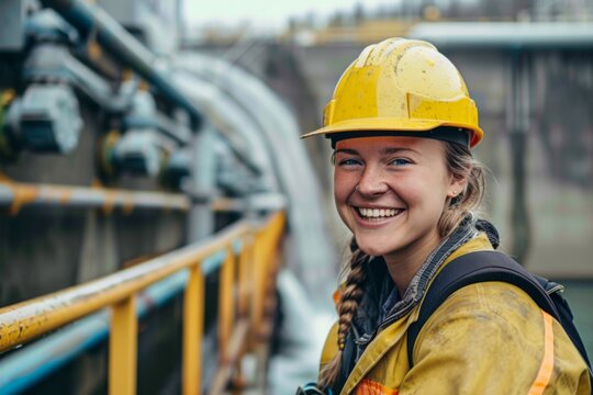 Portrait of a young smiling female engineer at Hydroelectric Dam