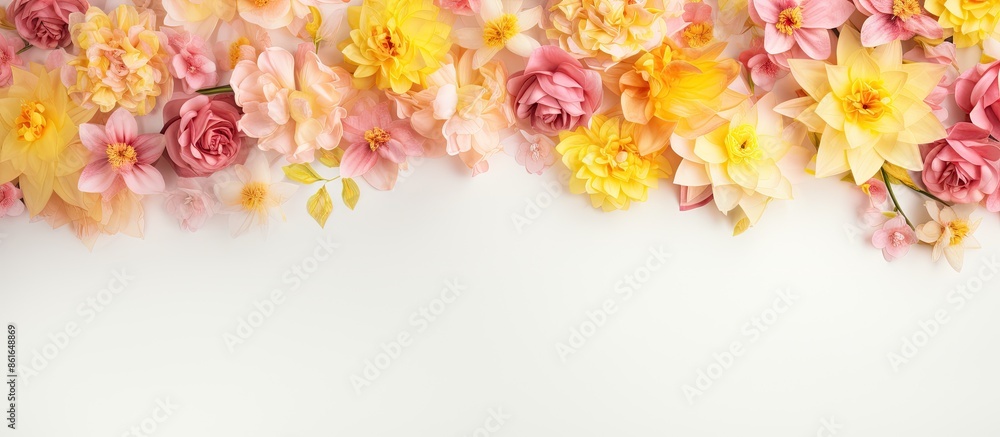 Poster an appealing display with pink and yellow blooms set against a backdrop of white paper, creating a d