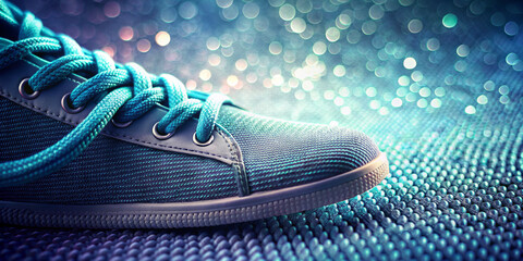 A close-up of teal sneakers can be seen against a bokeh background with sparkling lights. The shoe features striking textured fabric and bright blue laces that rest on a similarly textured surface.AI