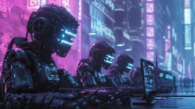 Cyberpunk scene with intelligent robots and neon blue-purple lights