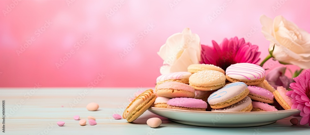 Poster closeup image of a plate with cookies and flowers on a colorful background, ideal for valentine's da
