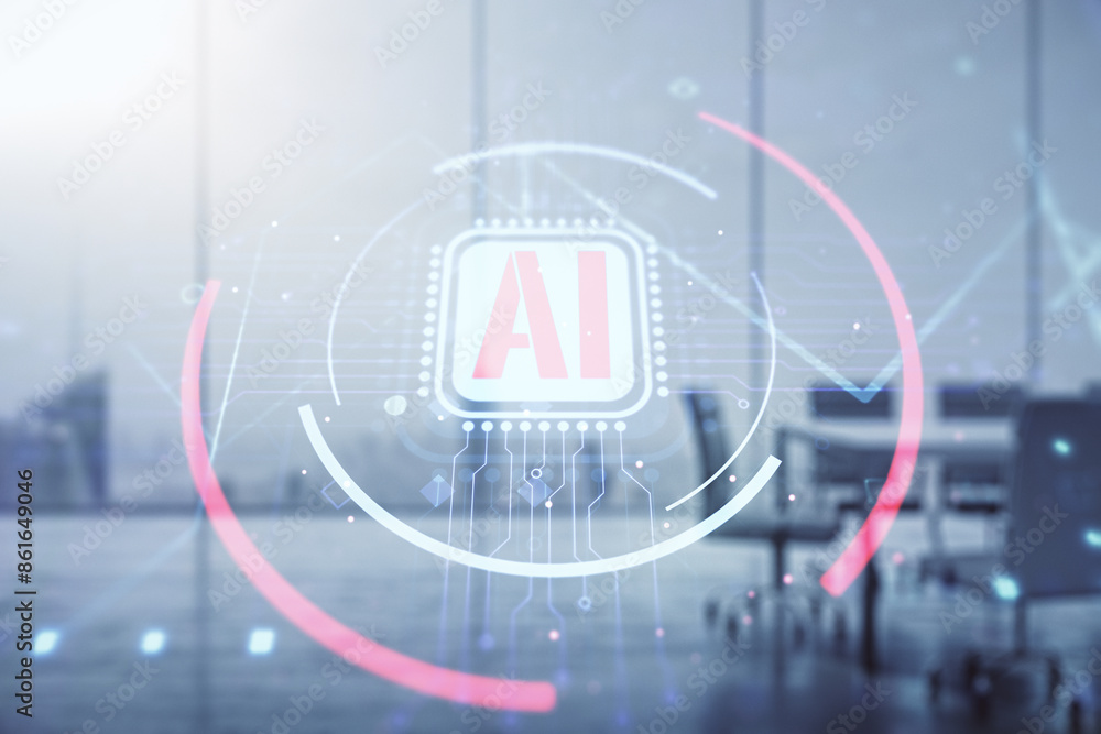 Poster double exposure of creative artificial intelligence abbreviation hologram on a modern boardroom back