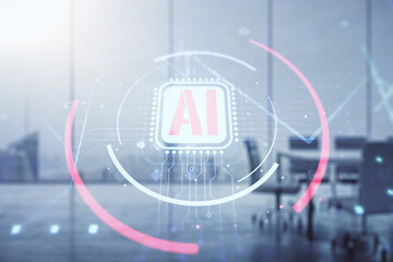 Double exposure of creative artificial Intelligence abbreviation hologram on a modern boardroom...