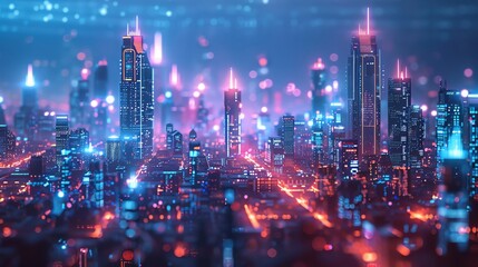 Fototapeta premium Futuristic cityscape with advanced technology and neon blue and purple lights