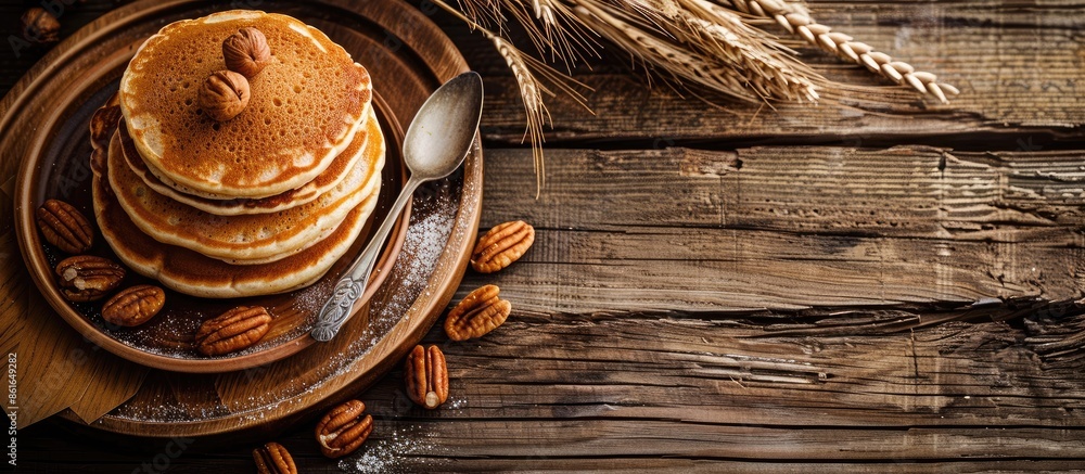 Aufkleber Rustic background for pancakes on a wooden table, enhancing the breakfast setting with nobody in the image, leaving ample copy space for additional elements.