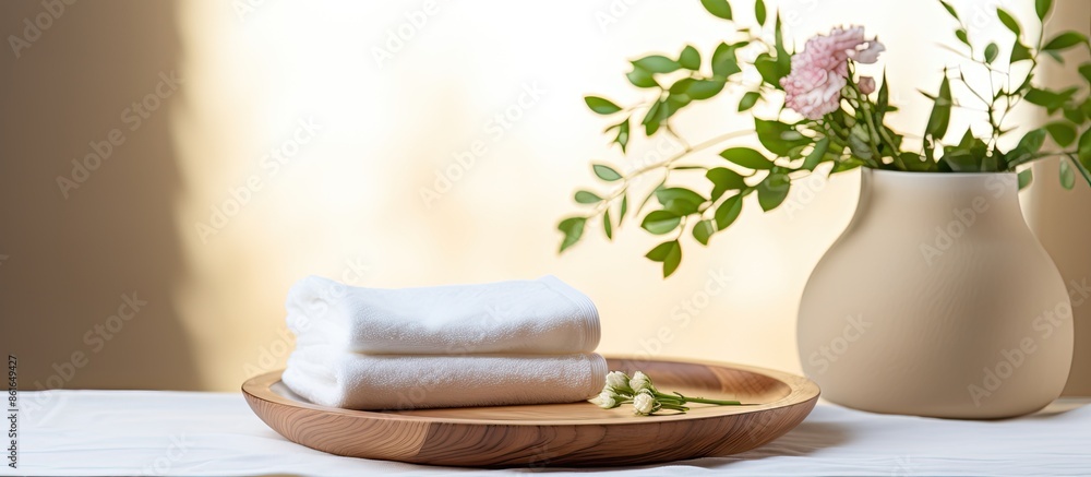 Poster wooden plate with towels displayed, against a blurred bathroom backdrop. intended for product presen