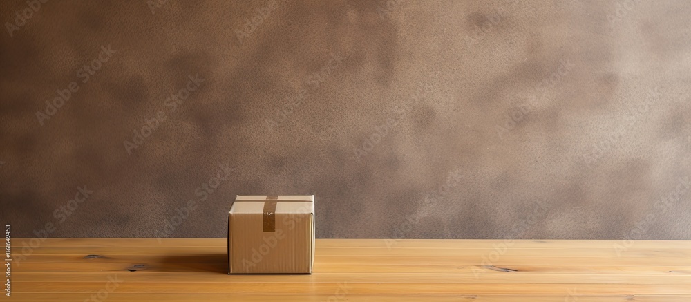 Poster cardboard box placed on a wooden table with copy space image available.