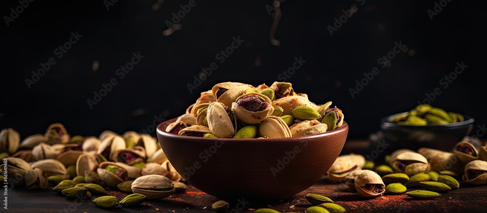 Fototapete a nutritious snack displayed with roasted pistachios on a dark backdrop with copy space image.