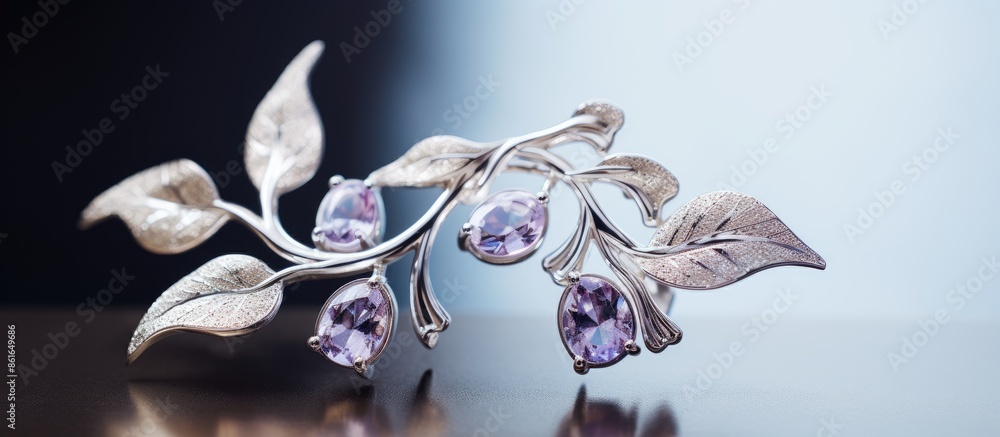Poster closeup shot depicting a stunning pair of silver earrings adorned with amethyst gemstones and leaf d