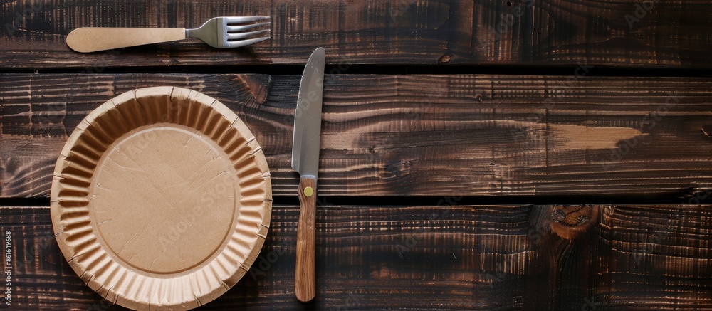 Poster Empty brown paper plate and fork with knife on a wooden table. View from above. Eco-friendly disposable tableware. copyspace. Copy space image. Place for adding text or design