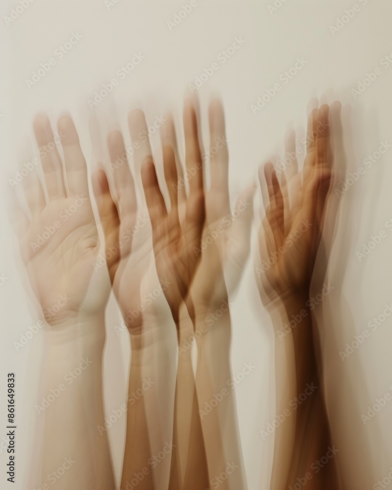 Poster abstract unity concept in tan and white symmetrical blurry hands using long exposure photography