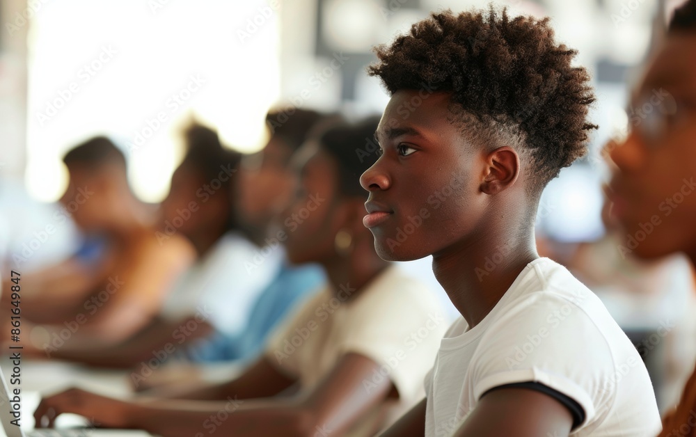 Aufkleber diverse college students using technology in modern classroom, engaged in digital learning with lapt