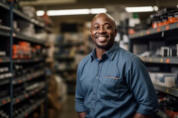 Fototapeta premium Portrait of a smiling middle aged male worker in tool shop