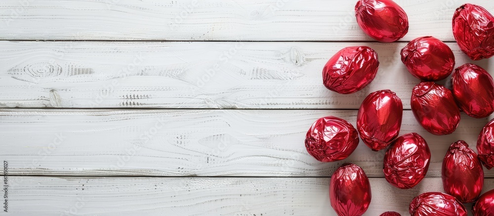 Poster Easter eggs wrapped in red foil displayed on a white wooden table with copy space image.