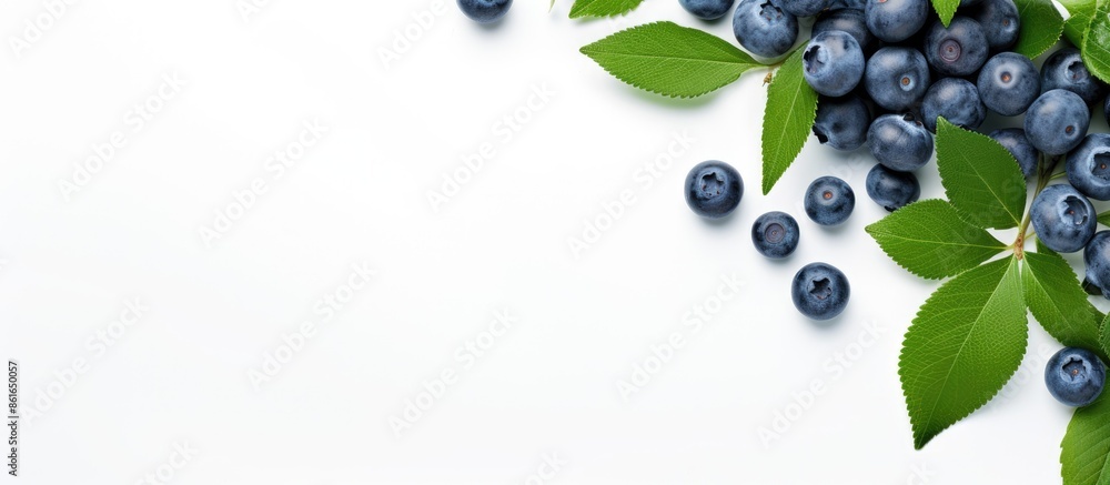 Aufkleber top view of blueberries and leaves isolated on a white background with space for copying an image.