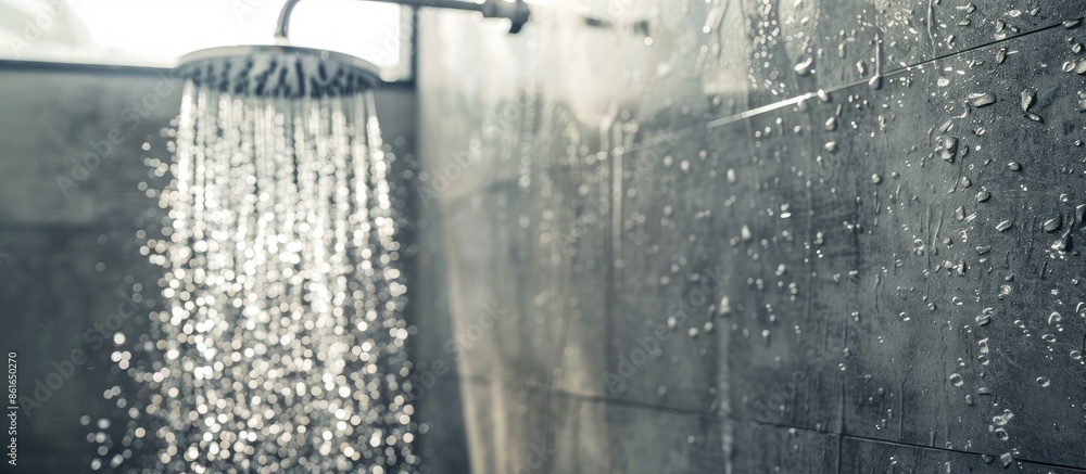Poster close up of rain shower vintage tap in grey and white bathroom. with copy space image. place for add
